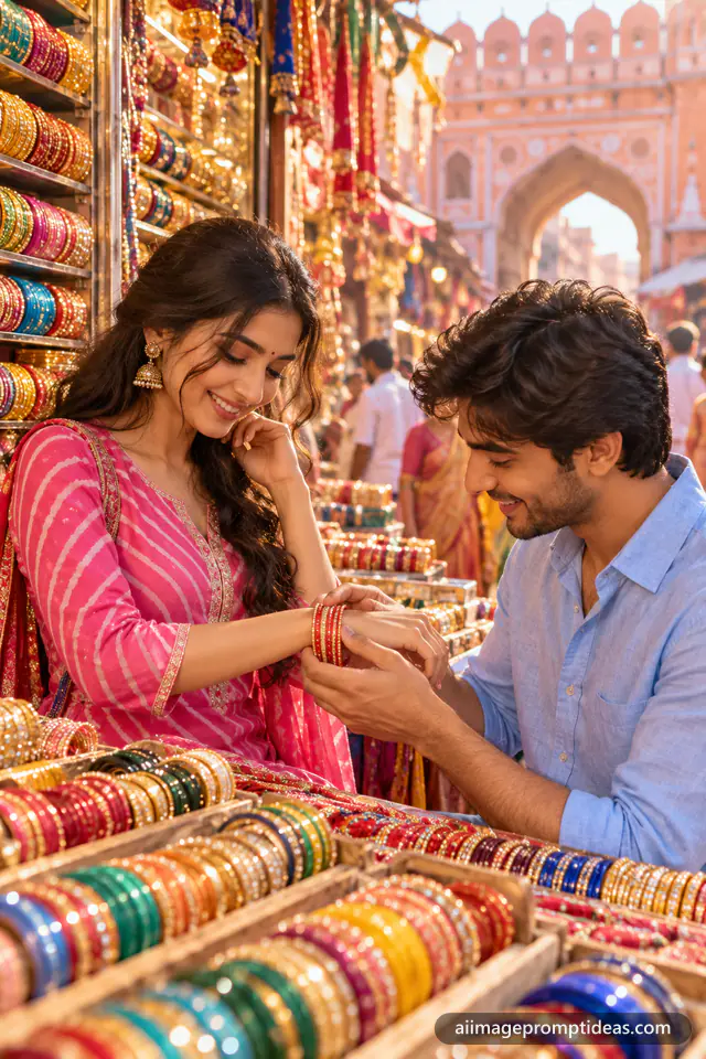 Man sliding glass bangles onto a woman's wrist at a Jaipur bazaar, AI generated