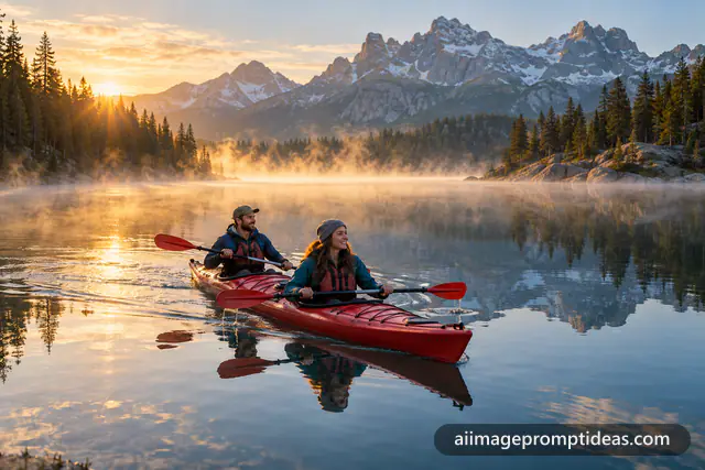 Couple in a red kayak on a misty mountain lake at sunrise, AI generated