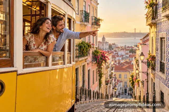 Couple laughing on a vintage yellow tram in a Lisbon hillside street, AI generated