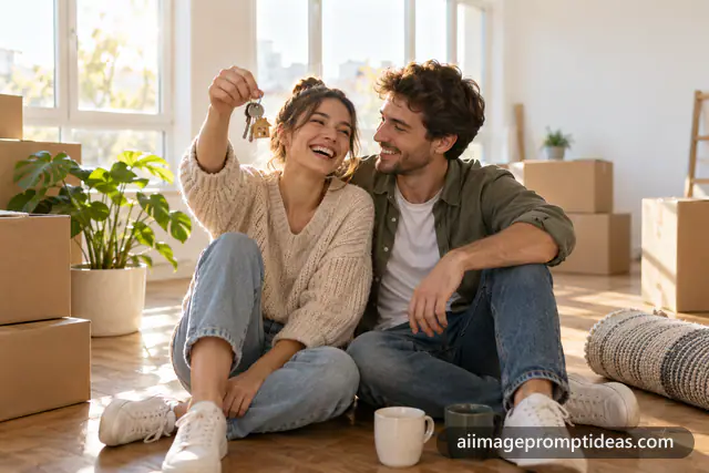 Happy couple sitting among moving boxes holding up keys to their new apartment, AI generated