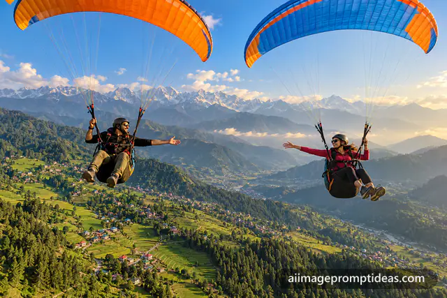 Couple paragliding side by side over green valleys of Bir Billing, AI generated