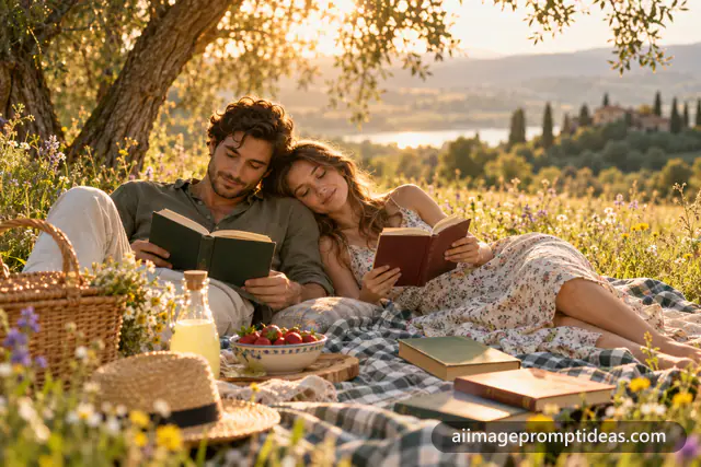 Couple reading books on a picnic blanket in a wildflower meadow at golden hour, AI generated