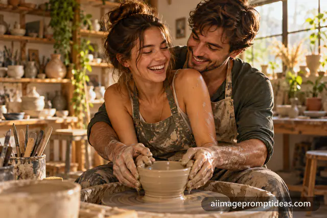 Couple laughing while shaping clay together on a pottery wheel, AI generated