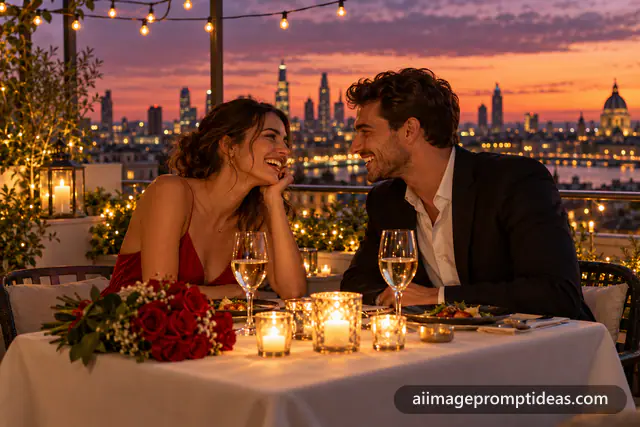 Couple laughing at a candlelit rooftop dinner under fairy lights with a city skyline at dusk, AI generated