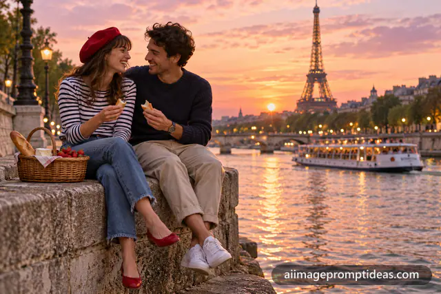 Couple picnicking on the Seine riverbank with the Eiffel Tower at sunset, AI generated