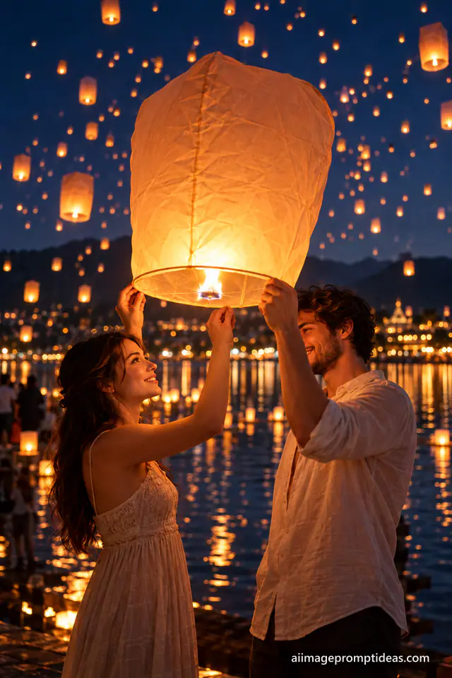 Couple holding a glowing sky lantern at night with hundreds of lanterns rising behind, AI generated