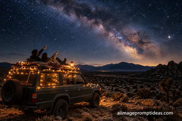 Couple lying on a car roof with fairy lights pointing at the Milky Way in the desert, AI generated