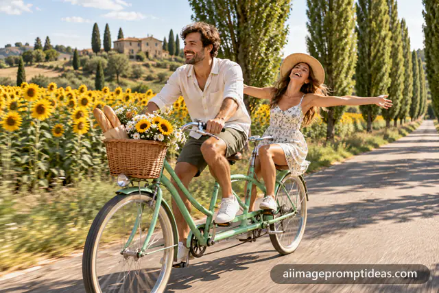 Couple laughing on a mint green tandem bicycle on a sunflower-lined country lane, AI generated