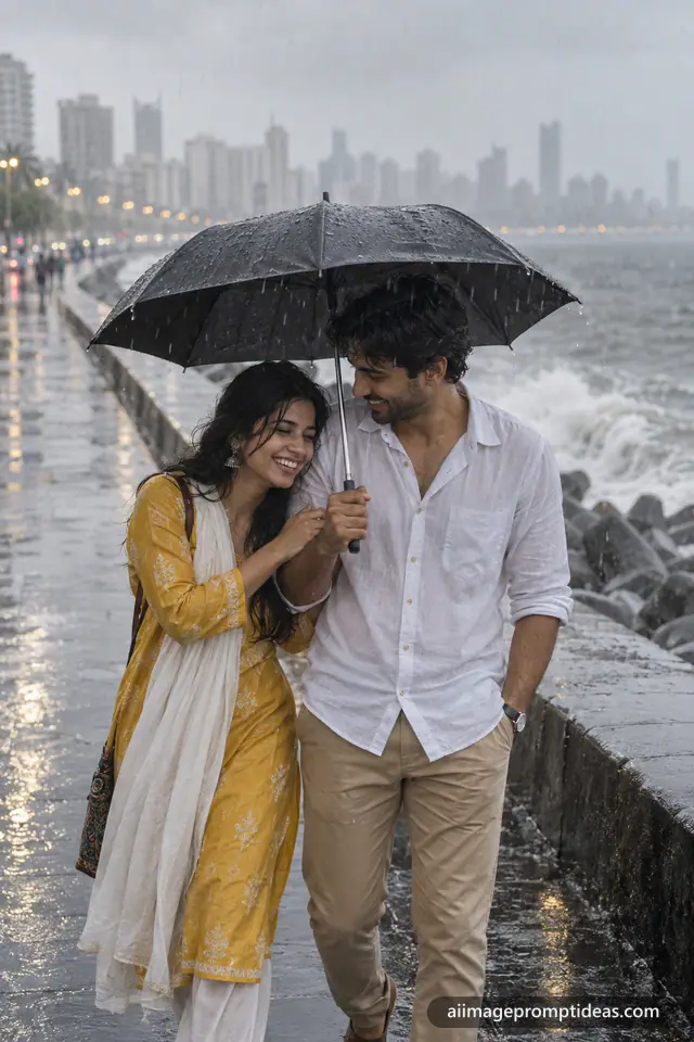Young Indian couple laughing under a black umbrella on Marine Drive, Mumbai, in the monsoon rain, AI generated