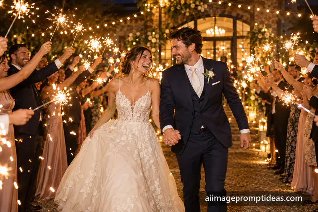 Bride and groom laughing as they walk through a tunnel of guests holding sparklers at night, AI generated