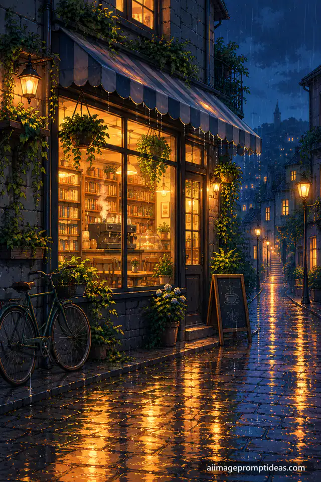 Anime illustration of a cozy corner cafe glowing warmly on a rainy night street with reflections, AI generated