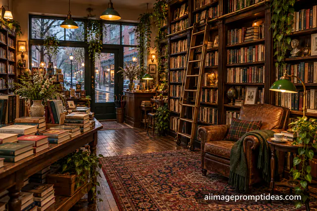 Cozy bookstore with tall wooden shelves, a rolling ladder, leather armchair and warm lamps, AI generated
