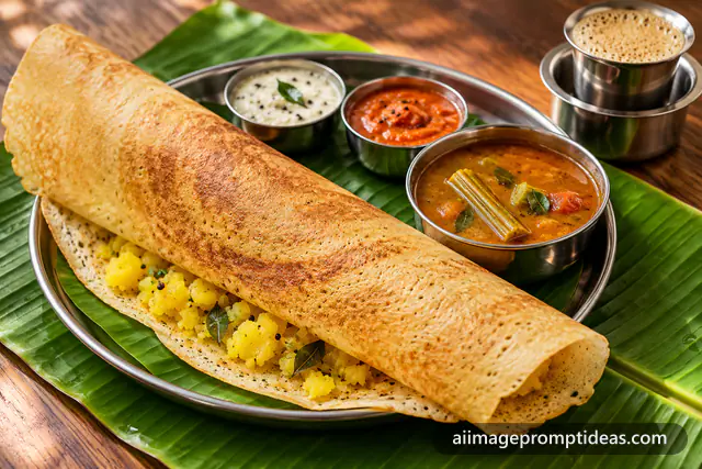 Crispy masala dosa on a steel plate with coconut chutney, sambar and filter coffee, AI generated
