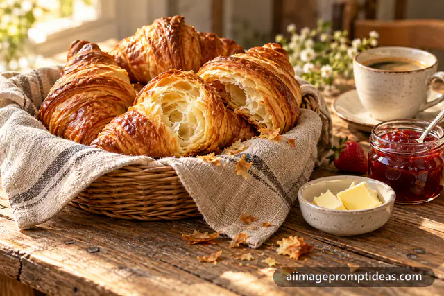 Golden flaky croissants in a wicker basket with butter, jam and coffee in morning light, AI generated