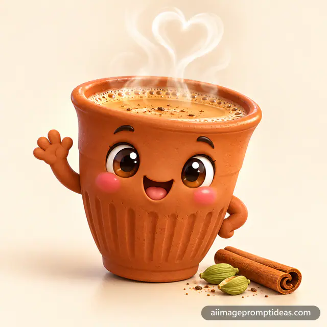Cute 3D clay kulhad chai cup mascot with a happy face and heart-shaped steam, AI generated
