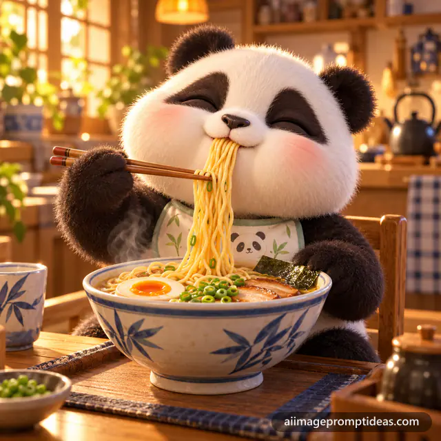 Cute 3D panda slurping noodles with chopsticks from a steaming bowl of ramen, AI generated