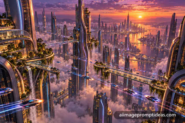 Aerial view of a futuristic city with glowing skyscrapers, sky bridges and flying car light trails at dusk, AI generated