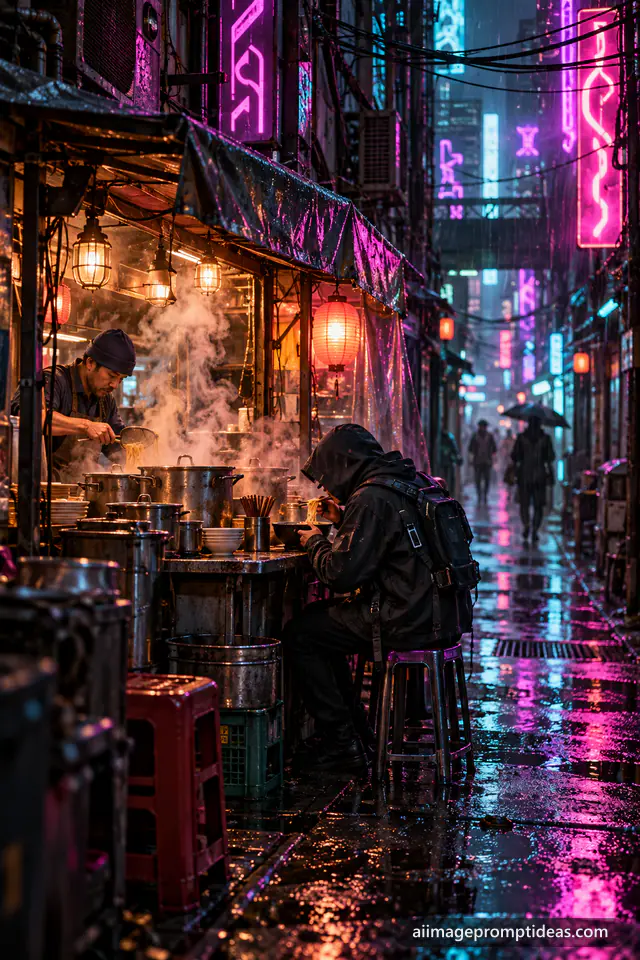Glowing noodle stall in a rainy neon cyberpunk alley with steam and a hooded customer, AI generated