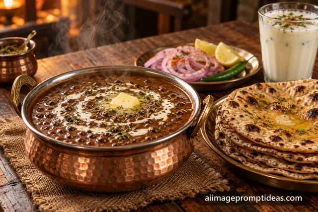 Creamy dal makhani in a copper handi with cream swirl beside tandoori rotis and chaas, AI generated