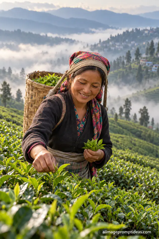 Smiling woman tea picker with a bamboo basket plucking leaves in misty Darjeeling gardens, AI generated