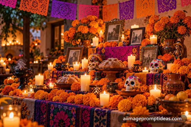 Day of the Dead altar with marigolds, candles and sugar skulls, AI generated