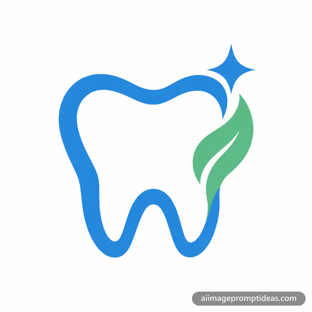 Minimal dental clinic logo of a rounded tooth with a sparkle and a leaf in blue and mint, AI generated