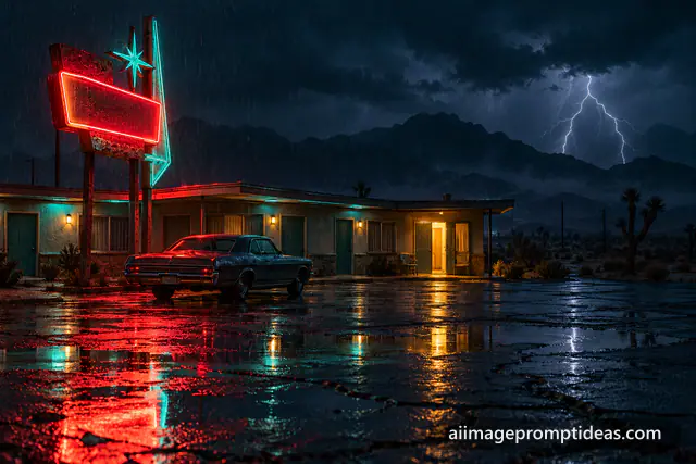 Roadside desert motel with glowing neon sign on a rainy night, AI generated