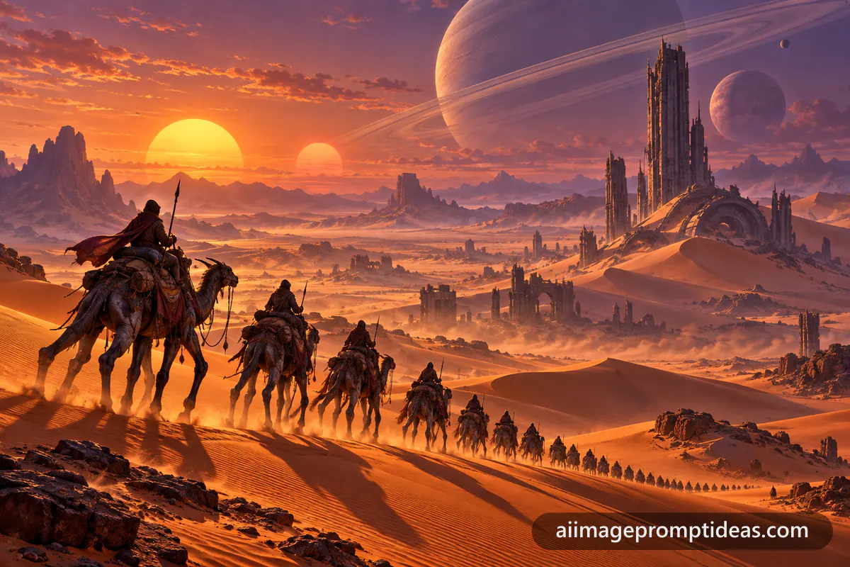 Caravan of travelers on alien beasts crossing dunes under twin suns, AI generated