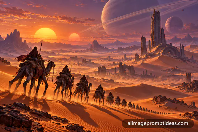 Caravan of travelers on alien beasts crossing dunes under twin suns, AI generated
