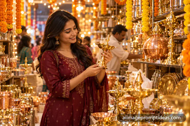 Woman holding a brass diya in a glowing utensil shop on Dhanteras, AI generated