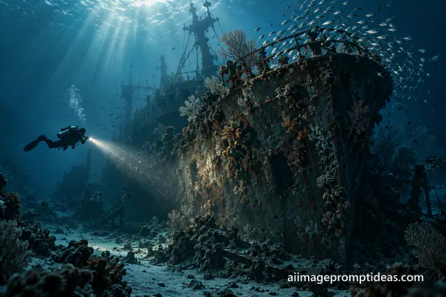 Scuba diver with a flashlight approaching a sunken shipwreck, AI generated