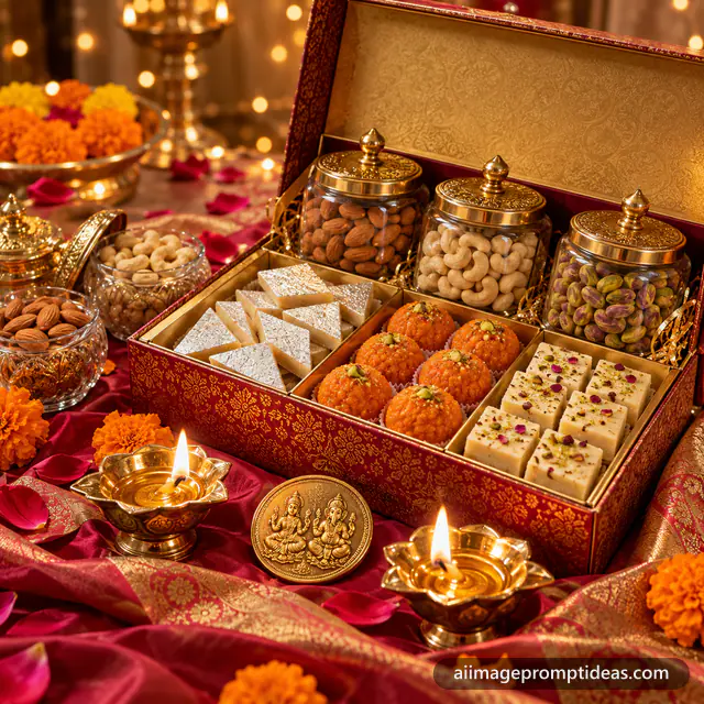 Diwali gift hamper with mithai, dry fruit jars, brass diyas and marigolds on silk, AI generated