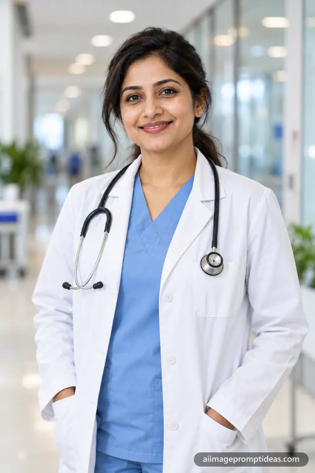 Friendly doctor in a white coat with a stethoscope in a bright hospital corridor, AI generated