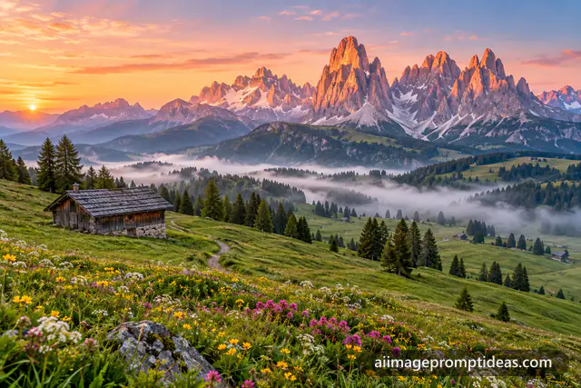 Jagged Dolomites peaks glowing pink at sunrise above a green meadow and wooden hut, AI generated