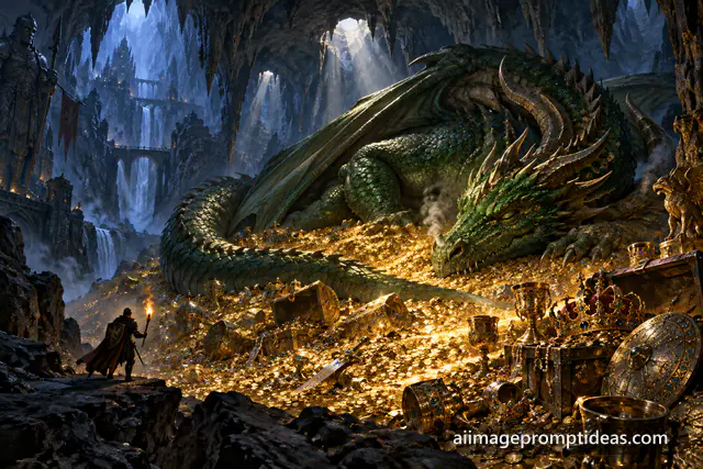 Giant green dragon asleep on a hoard of gold coins in a cavern with light beams, AI generated