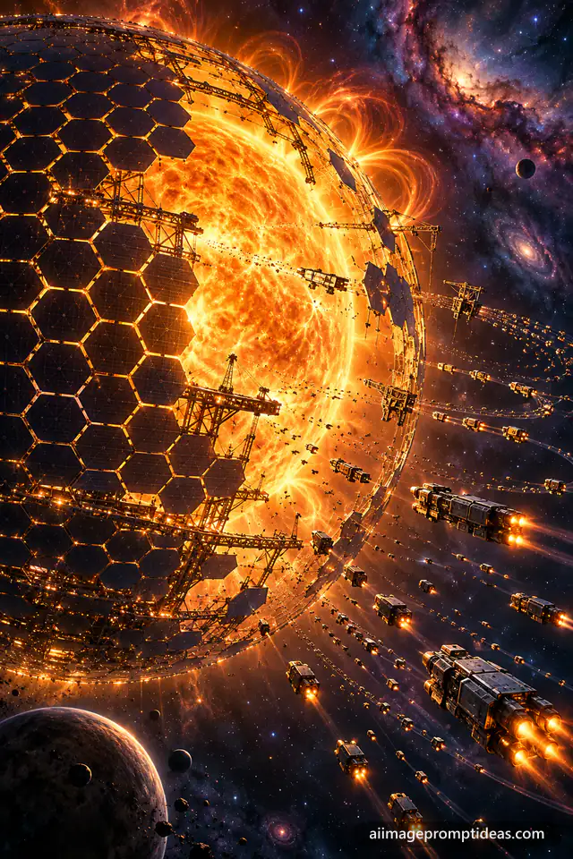 Half-built Dyson sphere of panels around a blazing star, AI generated