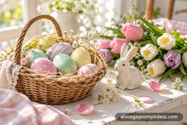 Wicker basket of pastel painted Easter eggs with tulips and a bunny figurine, AI generated