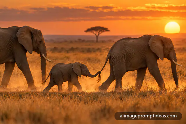 Elephant family with a calf walking across golden savanna at sunset in dust, AI generated
