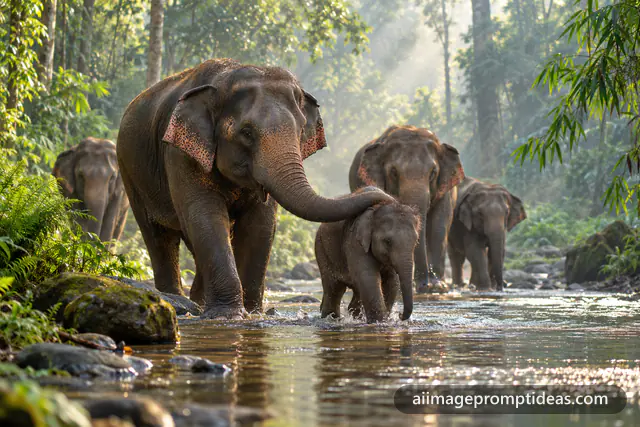 Asian elephant mother touching her calf with her trunk in a misty Kerala forest river, AI generated