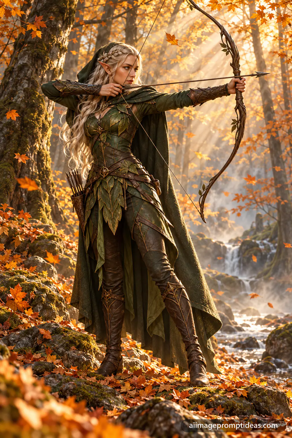Elf archer in green leather armor drawing a bow in a golden autumn forest with sunbeams, AI generated