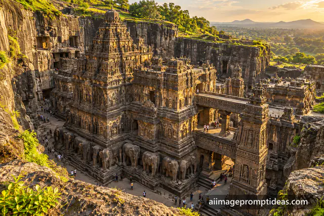 High view of the rock-cut Kailasa temple at Ellora, AI generated