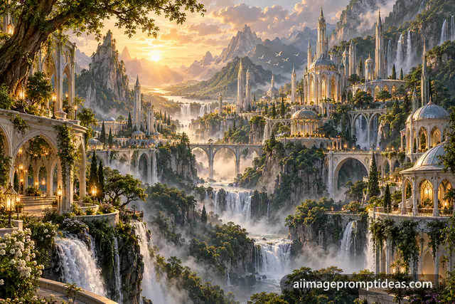 Elegant elven city of white towers among waterfalls at golden hour, AI generated