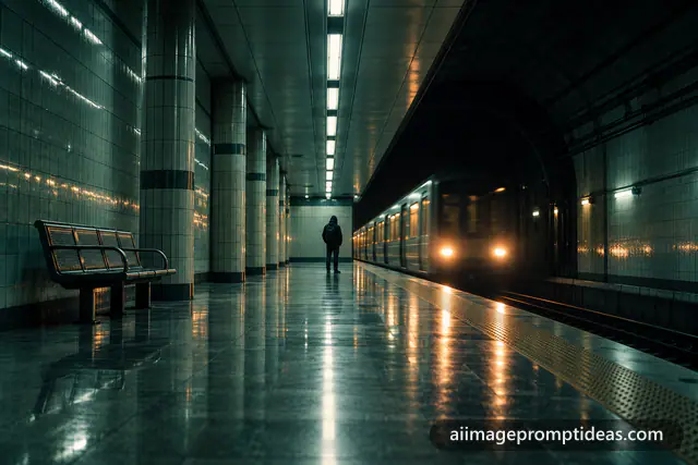 Empty underground metro station at night with fluorescent lights and a train arriving, AI generated
