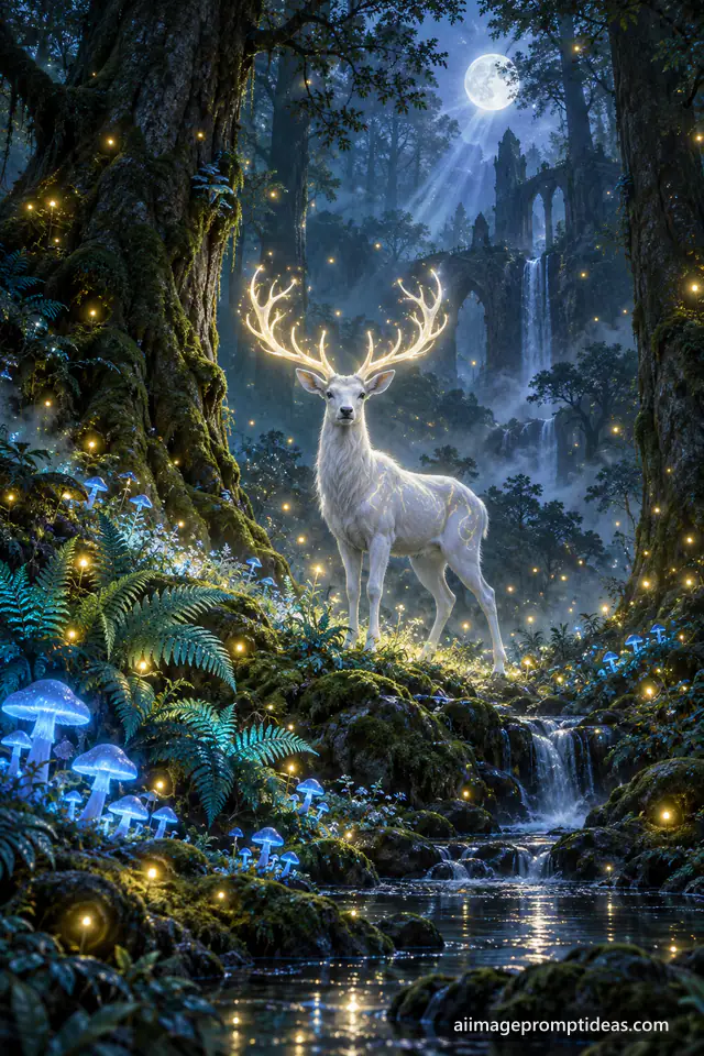 White deer with glowing antlers in an enchanted forest with luminous mushrooms and fireflies, AI generated