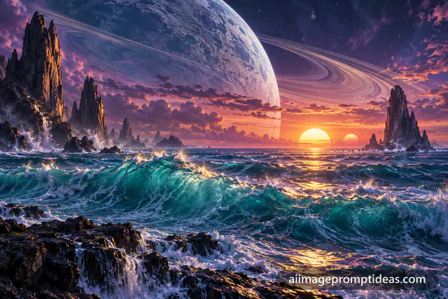 Towering turquoise waves on an alien ocean under a colossal ringed moon at dusk, AI generated