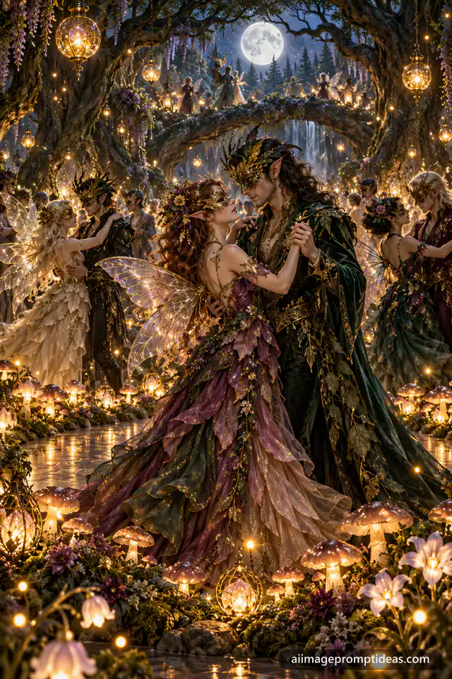 Masked fae dancers at a moonlit forest masquerade ball, AI generated