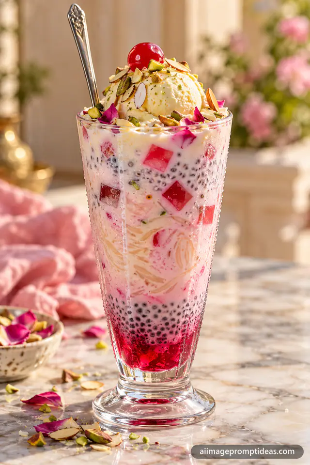 Tall glass of layered royal falooda with rose syrup, vermicelli, kulfi and pistachios, AI generated