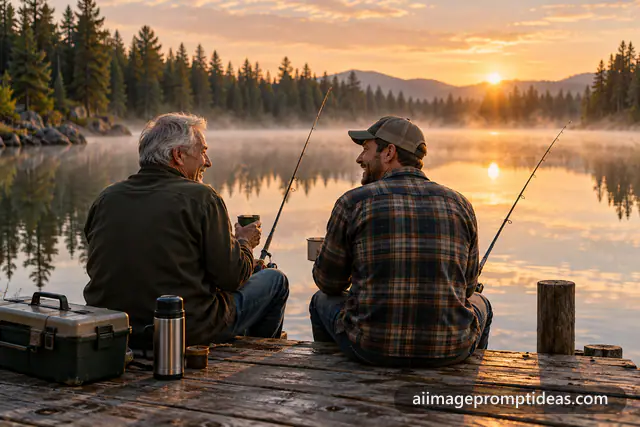 Father and adult son fishing side by side on a wooden dock at a misty lake at sunrise, AI generated