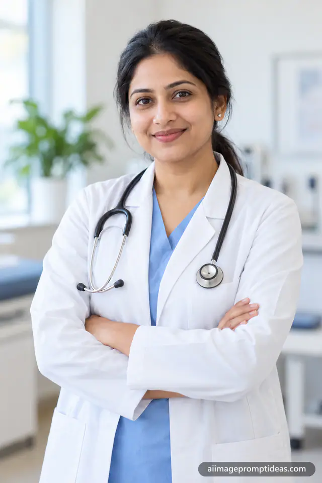 Smiling female doctor in a white coat with a stethoscope in a bright modern clinic, AI generated