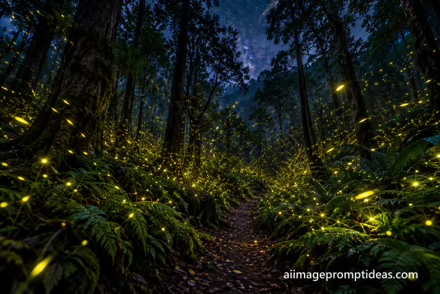 Dark forest filled with thousands of glowing fireflies along a narrow path at night, AI generated